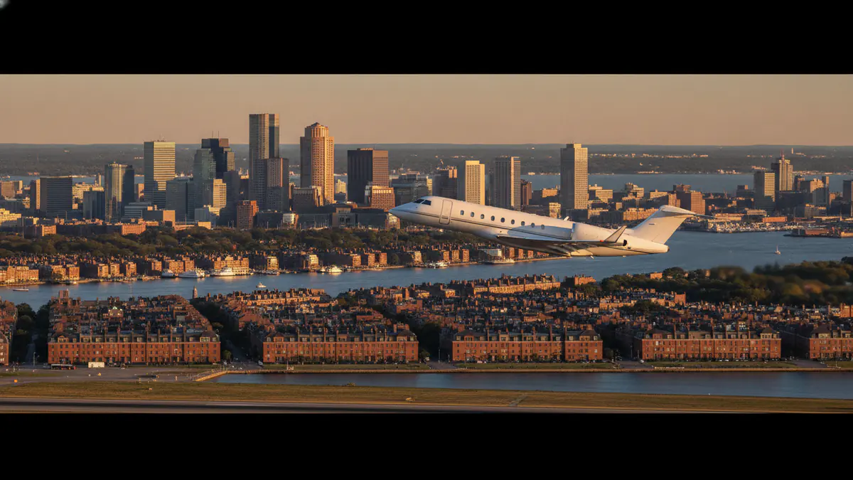 Boston Air charter services: business jet taking off with Boston in the background