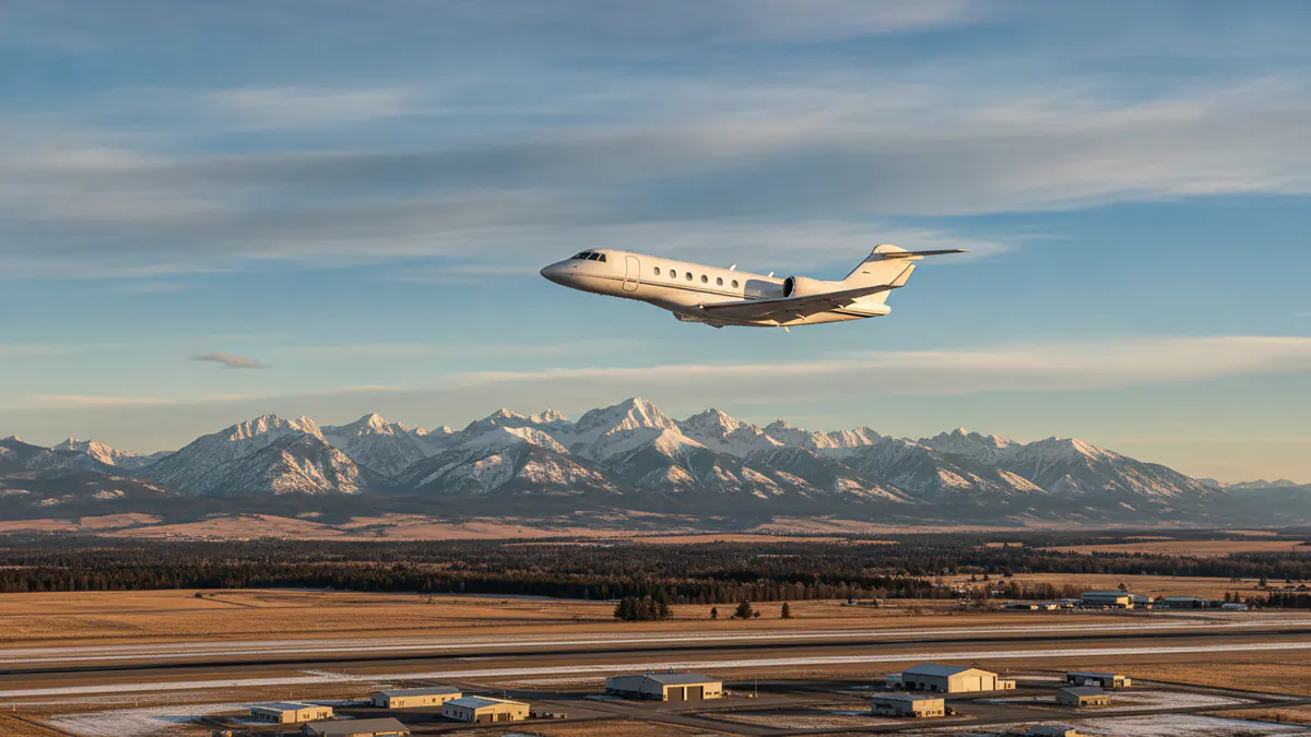 Bozeman private jet charter: business jet taking off with Bozeman in the background