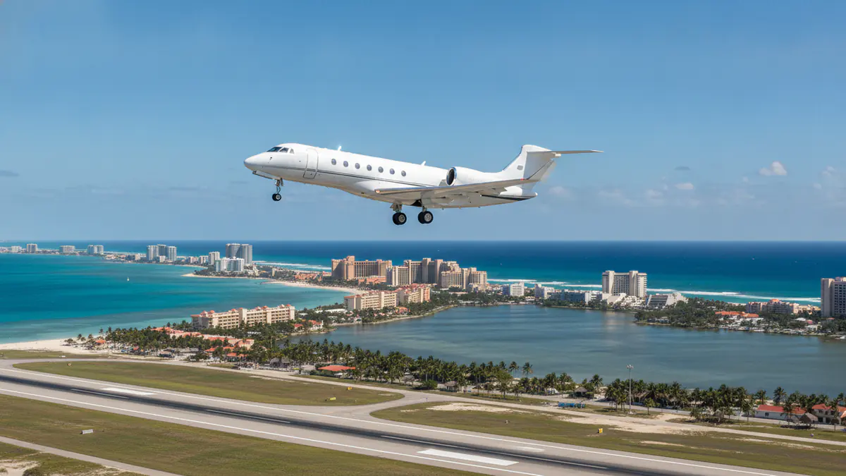 Cancun charter flights: business jet taking off with Cancún in the background