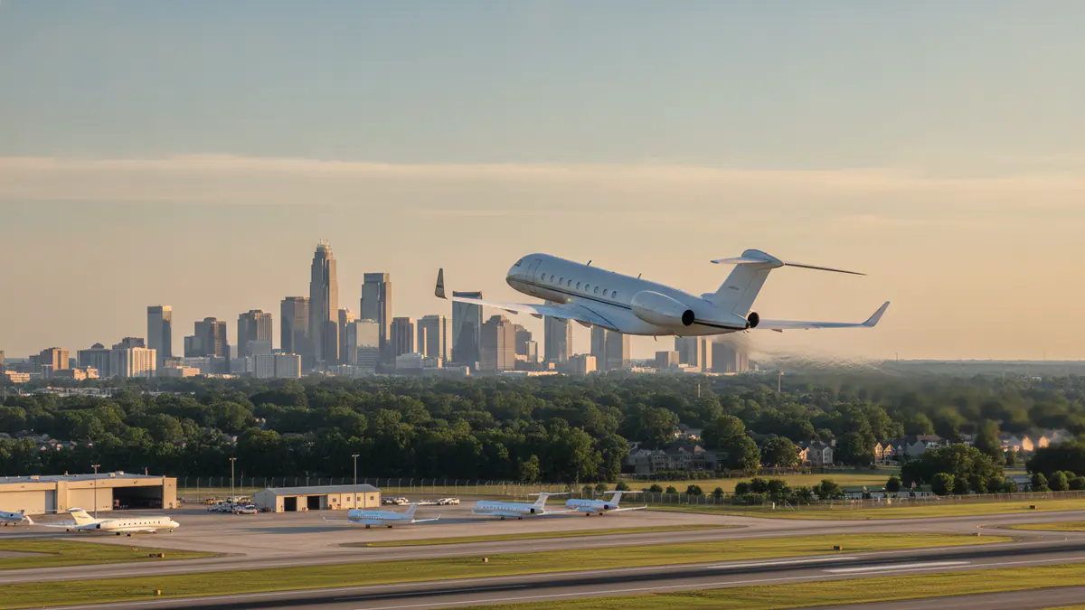 Charlotte jet charter Charlotte jet charter: business jet taking off with Charlotte in the background