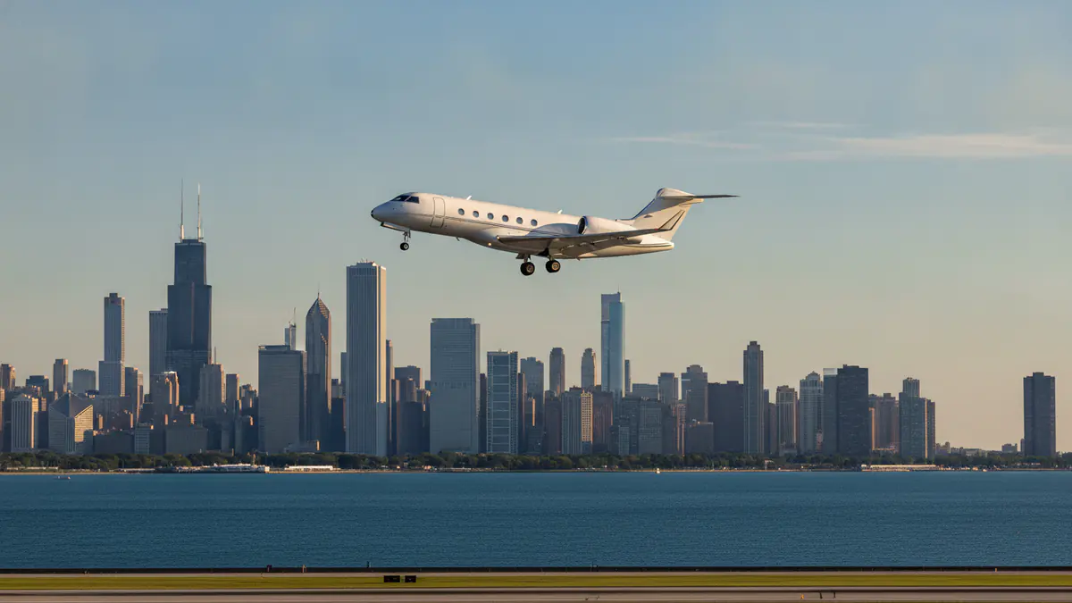 Chicago private jet charter Chicago private jet charter: business jet taking off with Chicago in the background