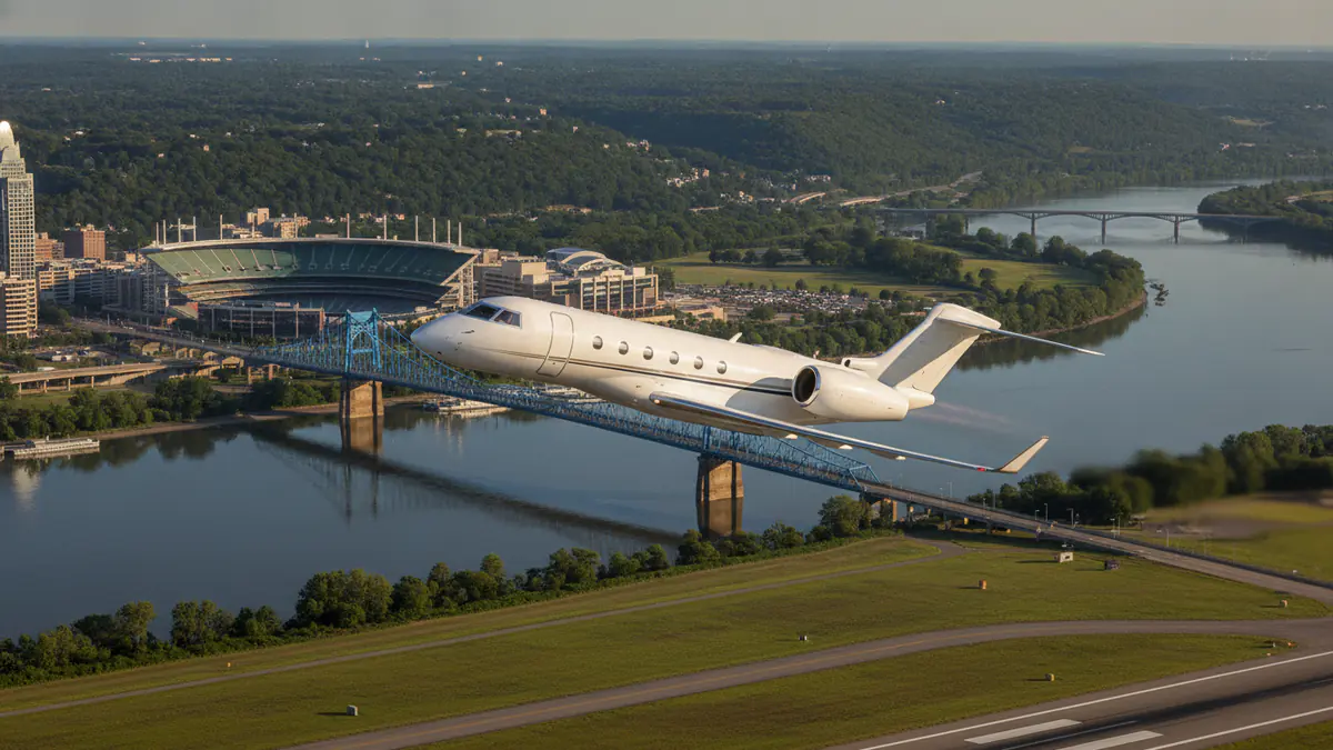 Cincinnati private jets Cincinnati private jets: business jet taking off with Cincinnati in the background