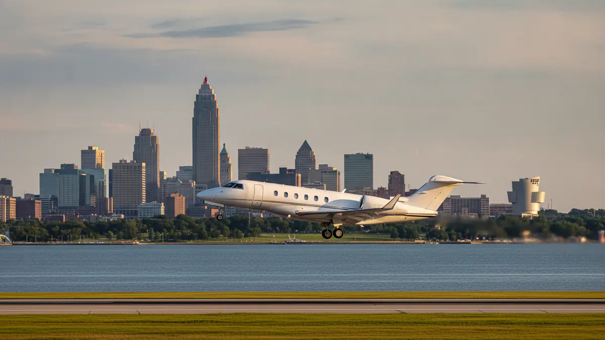 Cleveland private flights Cleveland private flights: business jet taking off with Cleveland in the background
