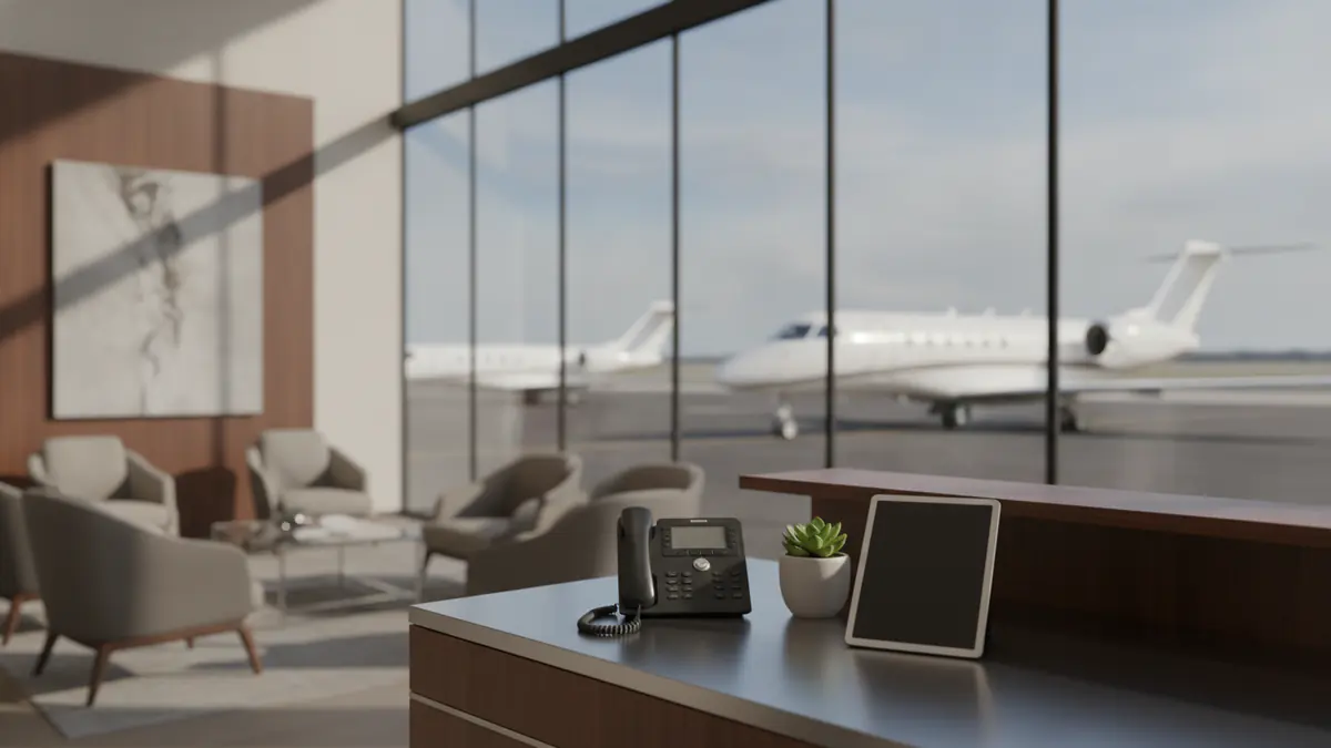 Contact a private jet charter broker: business aviation lounge reception with a jet outside