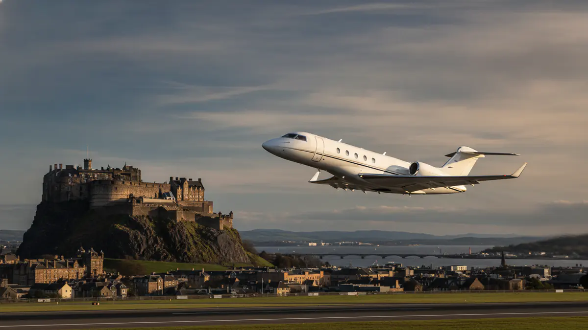 Edinburgh private jet charter Edinburgh private jet charter: business jet taking off with Edinburgh in the background