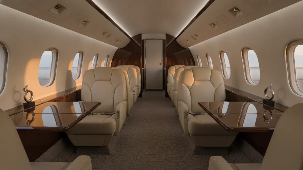 Empty leg flights: empty business jet cabin with unoccupied seats