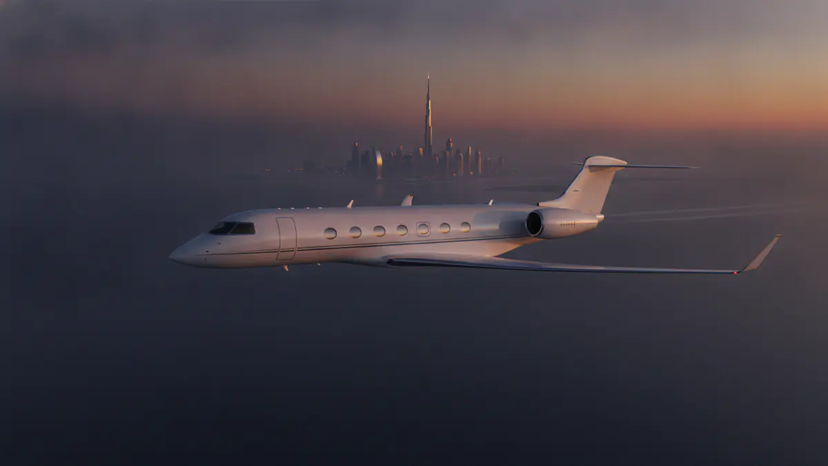 Gulfstream G650 London to Dubai: long-range jet cruising at dusk from London to Dubai