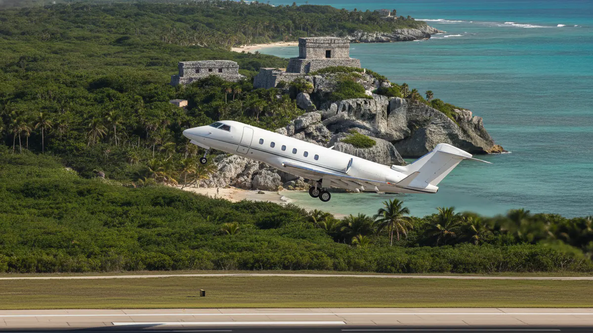 Jet charter Tulum Jet charter Tulum: business jet taking off with Tulum in the background