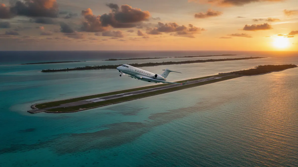 Key West private jet charter: business jet taking off with Key West in the background