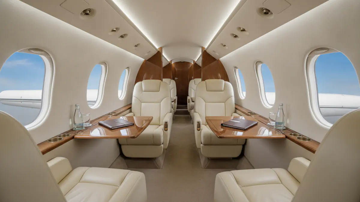 Light jet charter: light jet cabin with leather seats and oval windows