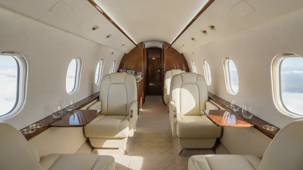 Midsize jet charter: midsize jet cabin with leather seats and oval windows