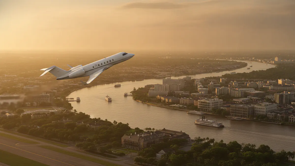 New Orleans private jets New Orleans private jets: business jet taking off with New Orleans in the background