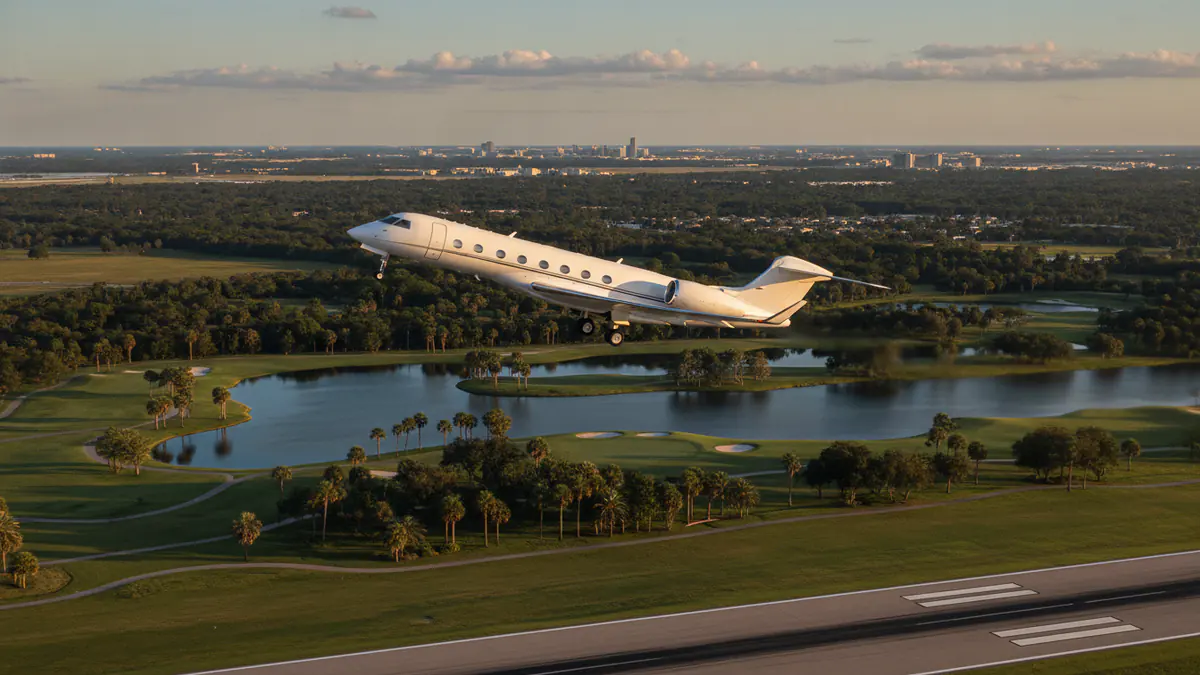 Orlando private jet charter Orlando private jet charter: business jet taking off with Orlando in the background