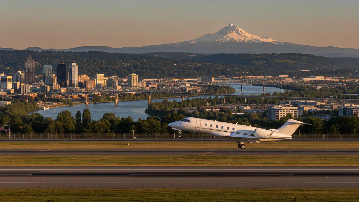Portland private jet charter Portland private jet charter: business jet taking off with Portland in the background