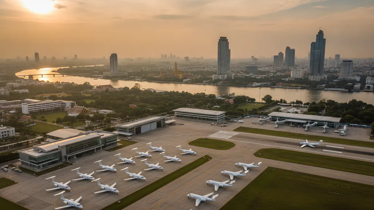 Private jet airports Bangkok: aerial view of a business aviation airfield near Bangkok
