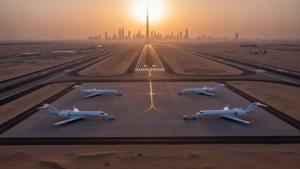 Private jet airports Dubai Private jet airports Dubai: aerial view of a business aviation airfield near Dubai