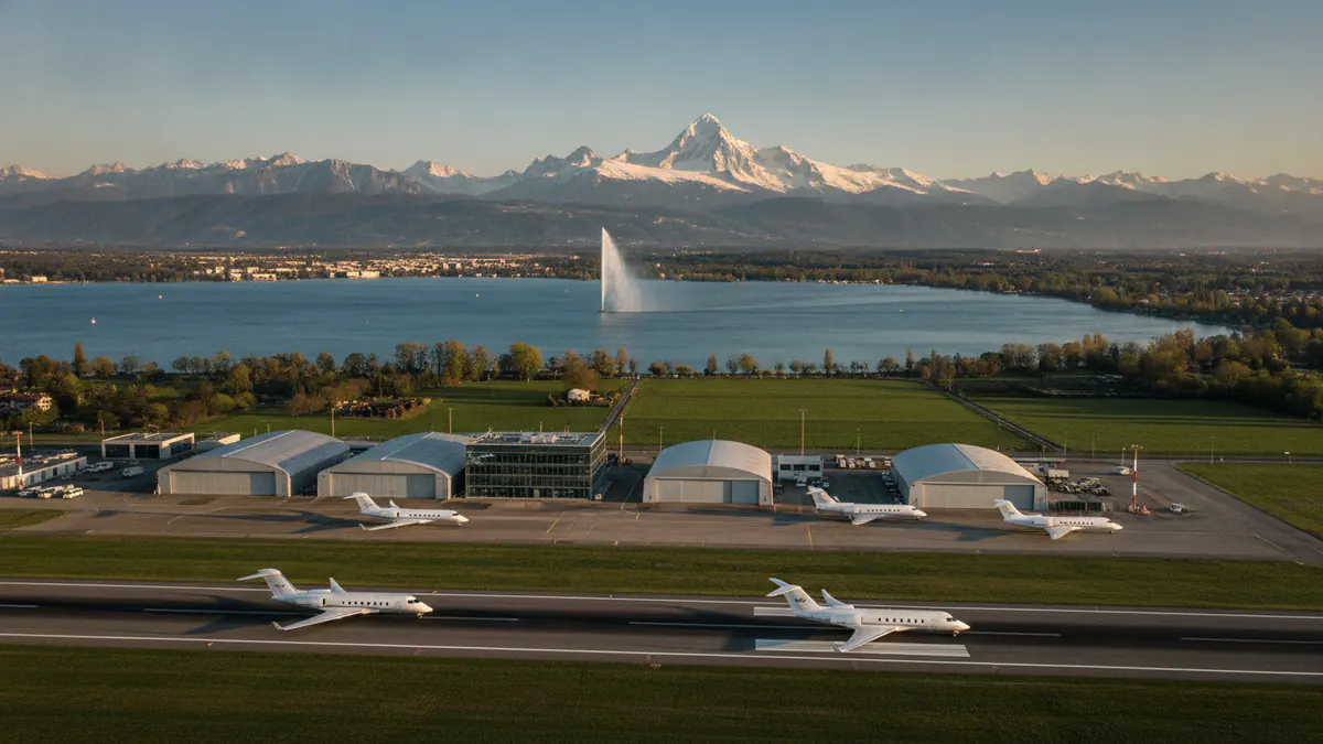 Private jet airports Geneva Private jet airports Geneva: aerial view of a business aviation airfield near Geneva