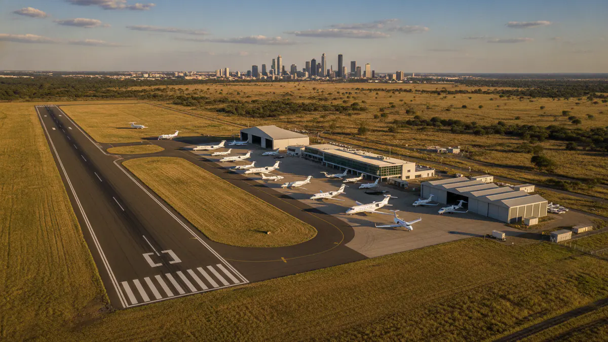 Private jet airports Johannesburg: aerial view of a business aviation airfield near Johannesburg