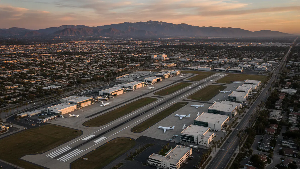 Private jet airports Los Angeles: aerial view of a business aviation airfield near Los Angeles