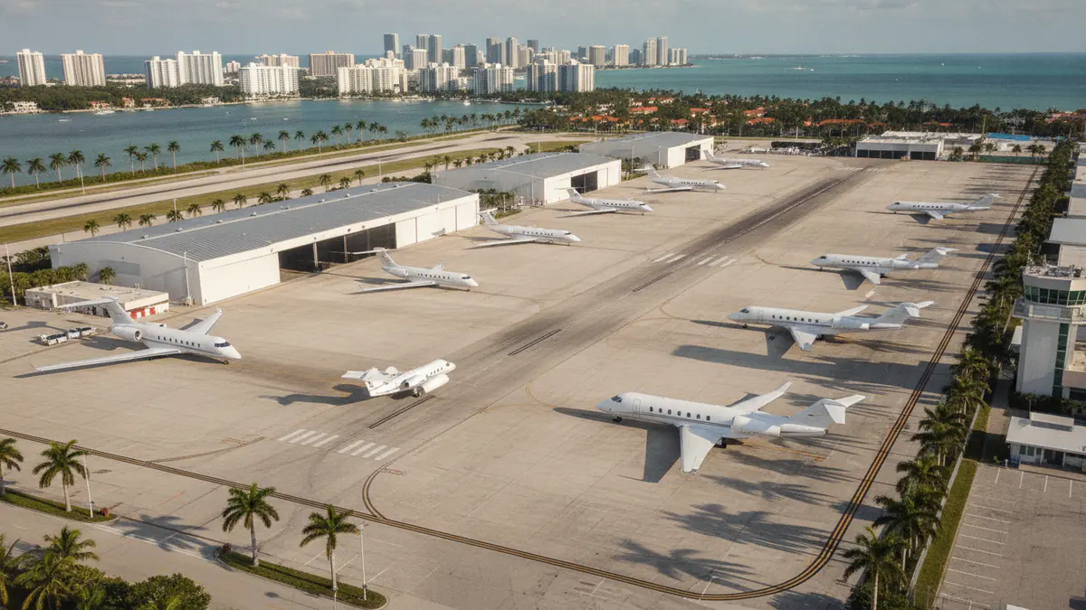 Private jet airports Miami Private jet airports Miami: aerial view of a business aviation airfield near Miami