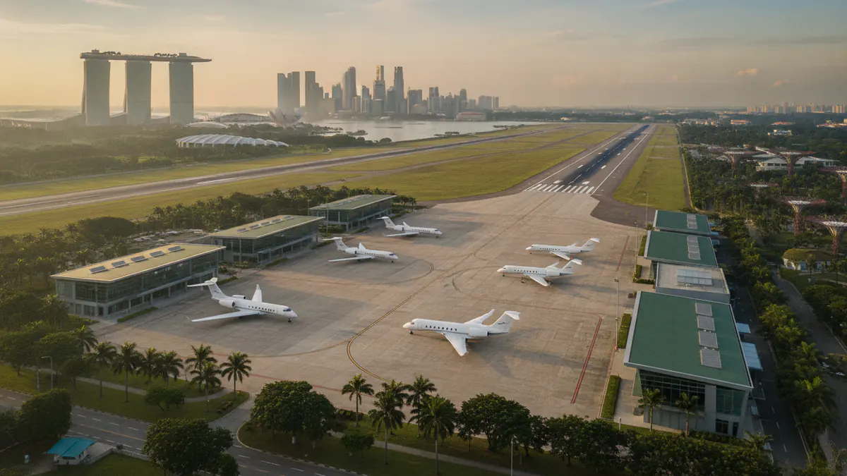 Private jet airports Singapore: aerial view of a business aviation airfield near Singapore