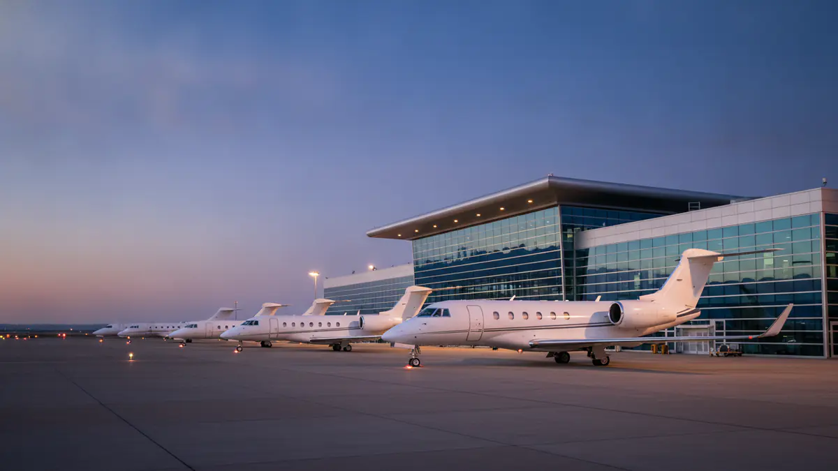 Private jet airports: business jets parked at a business aviation terminal at blue hour