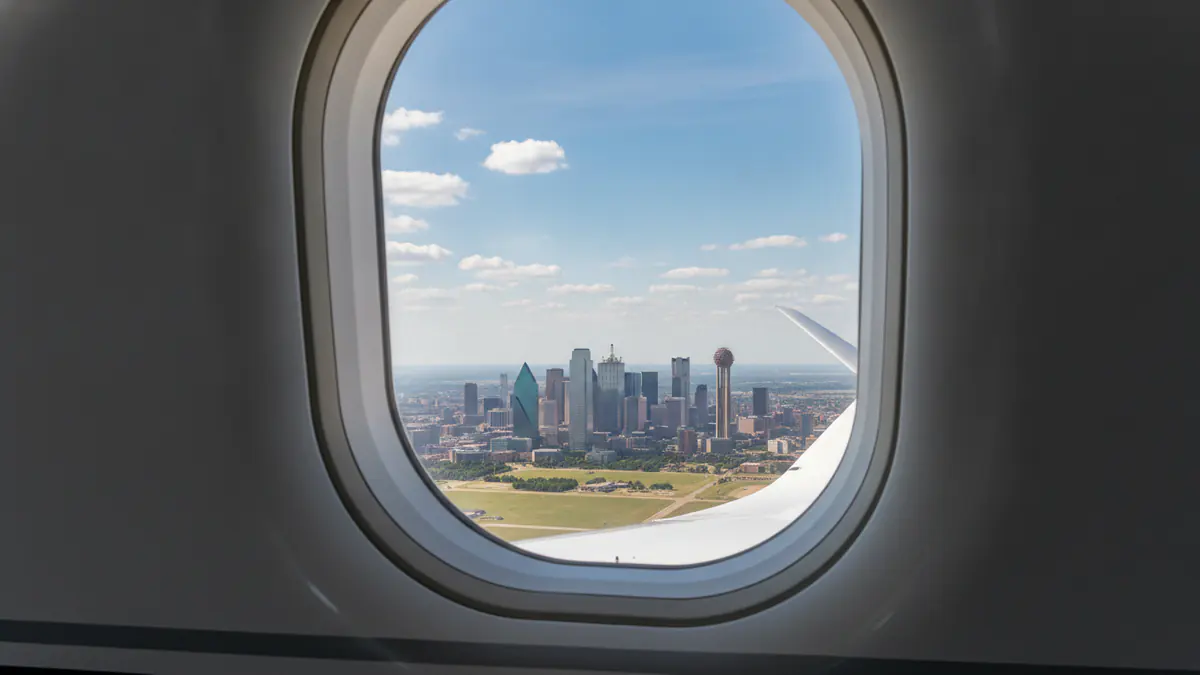 Private jet Austin to Dallas Private jet Austin to Dallas: cabin window view on approach to Dallas