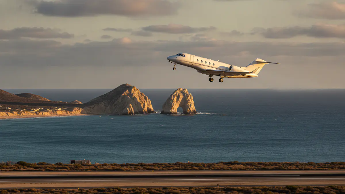 Private jet Cabo San Lucas Private jet Cabo San Lucas: business jet taking off with Cabo San Lucas in the background