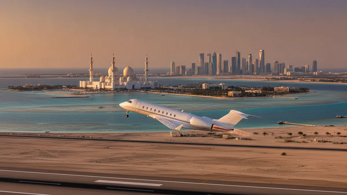 Private jet charter Abu Dhabi Private jet charter Abu Dhabi: business jet taking off with Abu Dhabi in the background