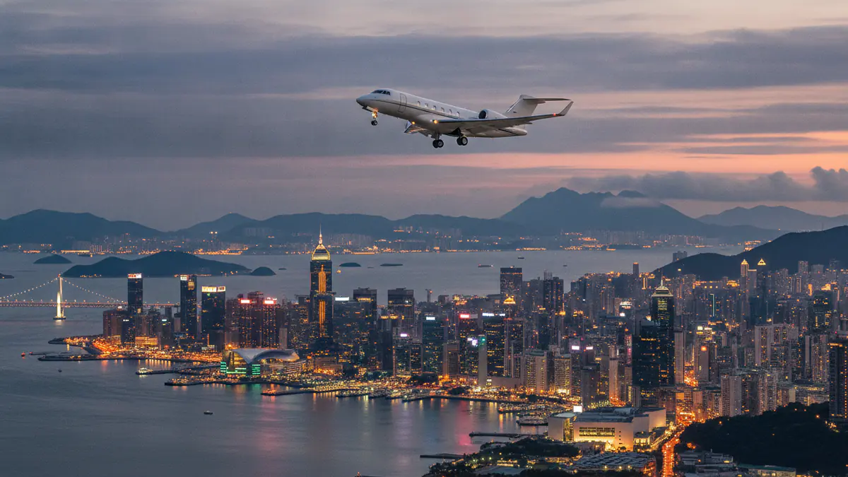 Private jet charter Asia: business jet taking off with Asia in the background