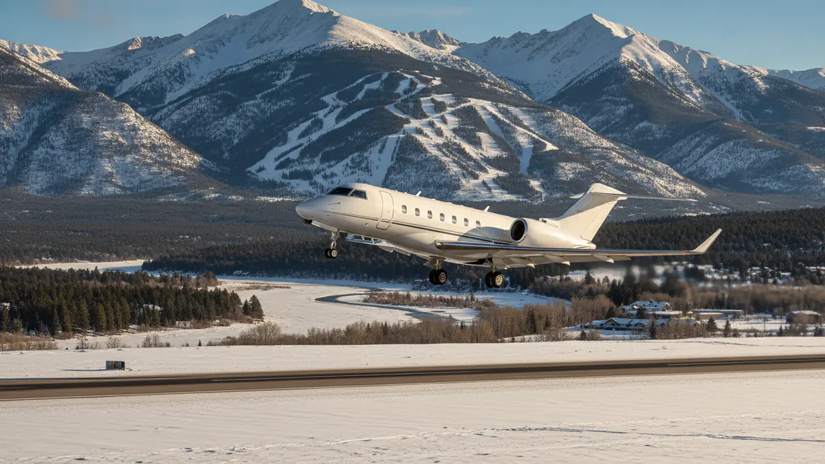 Private jet charter Aspen: business jet taking off with Aspen in the background