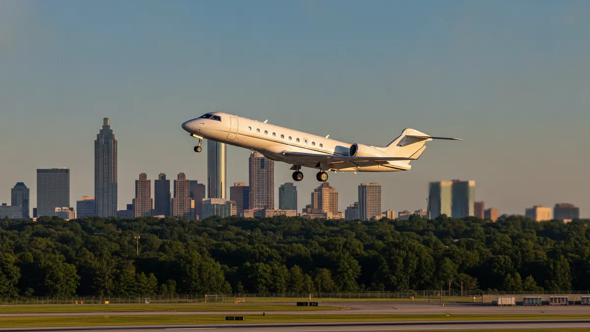 Private jet charter Atlanta: business jet taking off with Atlanta in the background