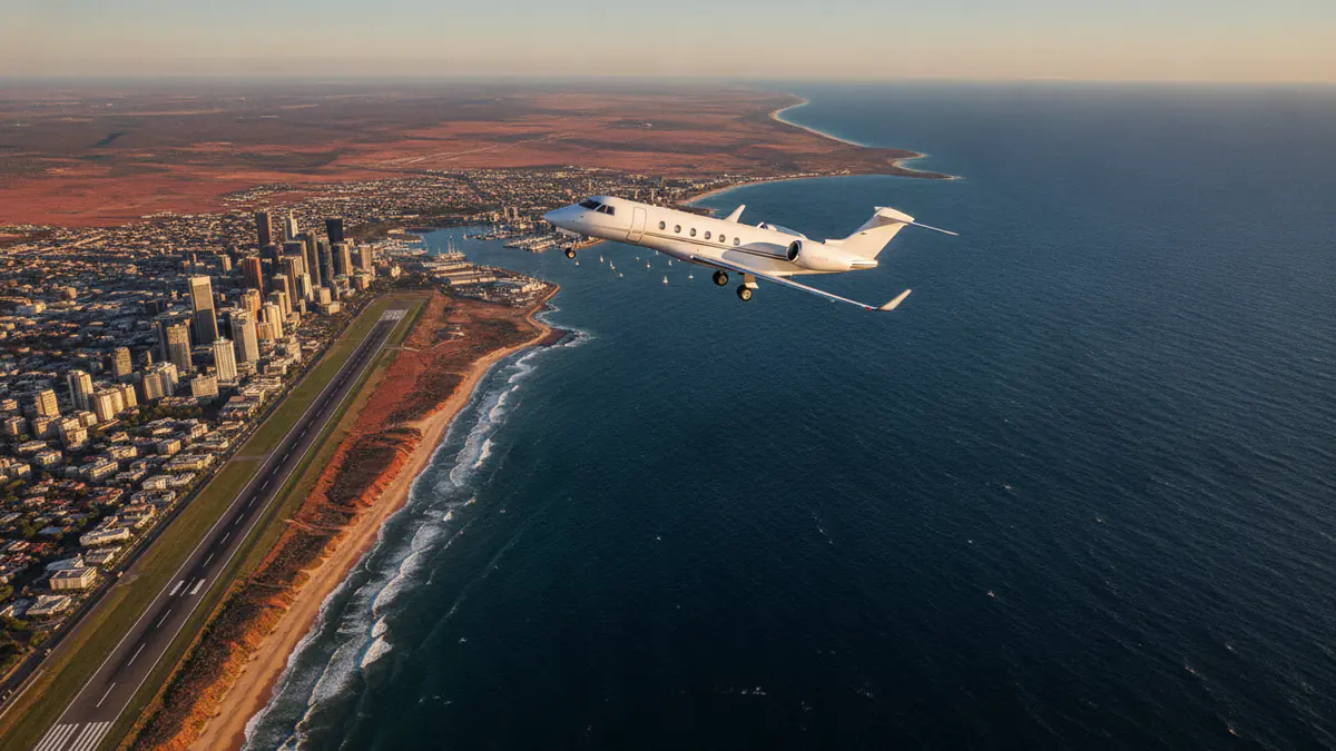 Private jet charter Australia: business jet taking off with Australia in the background