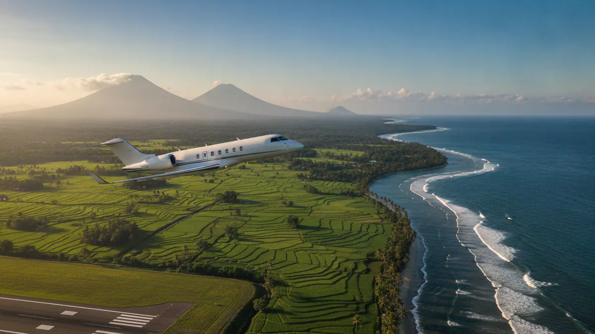 Private jet charter Bali: business jet taking off with Bali in the background