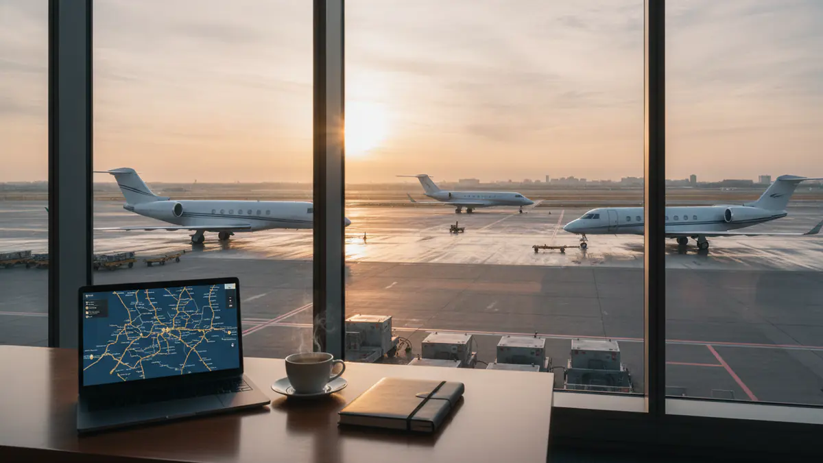 Private jet charter broker: charter planning desk overlooking a business aviation apron