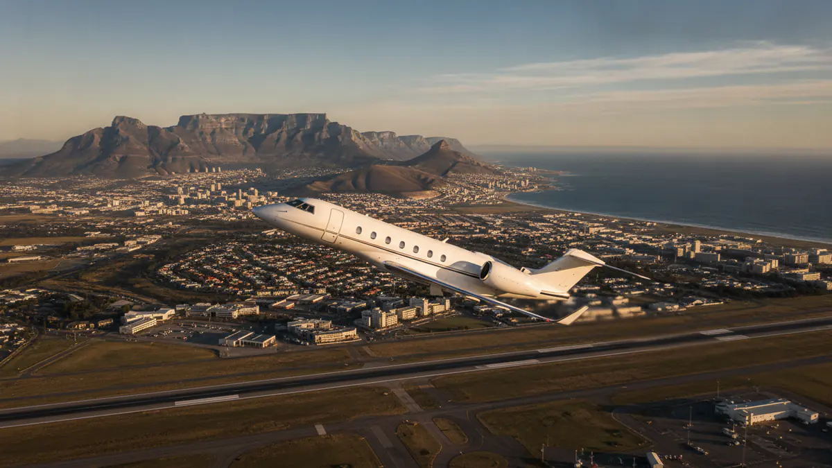 Private jet charter Cape Town Private jet charter Cape Town: business jet taking off with Cape Town in the background