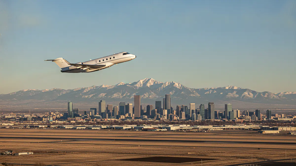Private jet charter Denver Private jet charter Denver: business jet taking off with Denver in the background