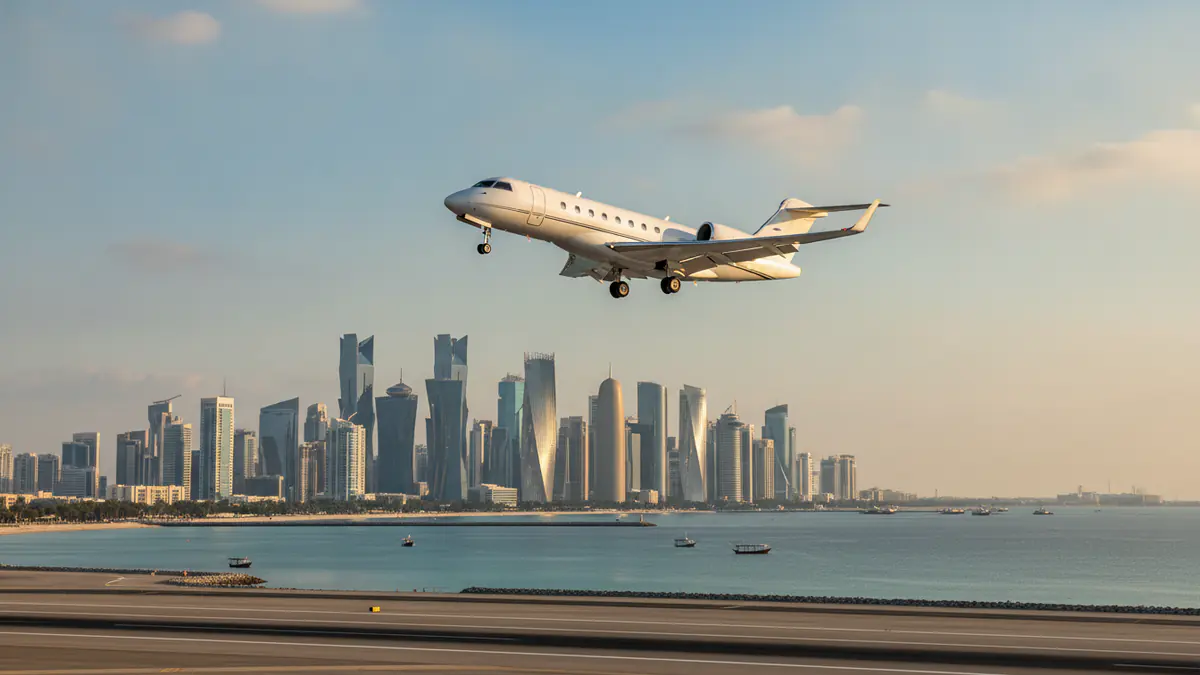 Private jet charter Doha: business jet taking off with Doha in the background