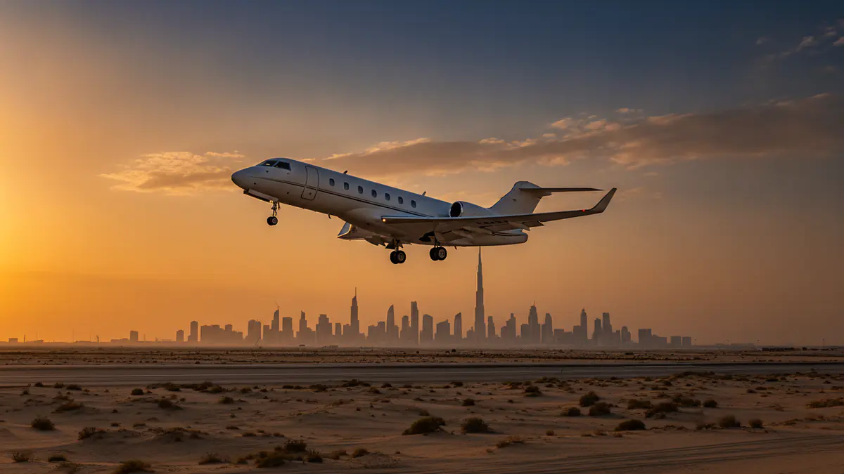 Private jet charter Dubai: business jet taking off with Dubai in the background