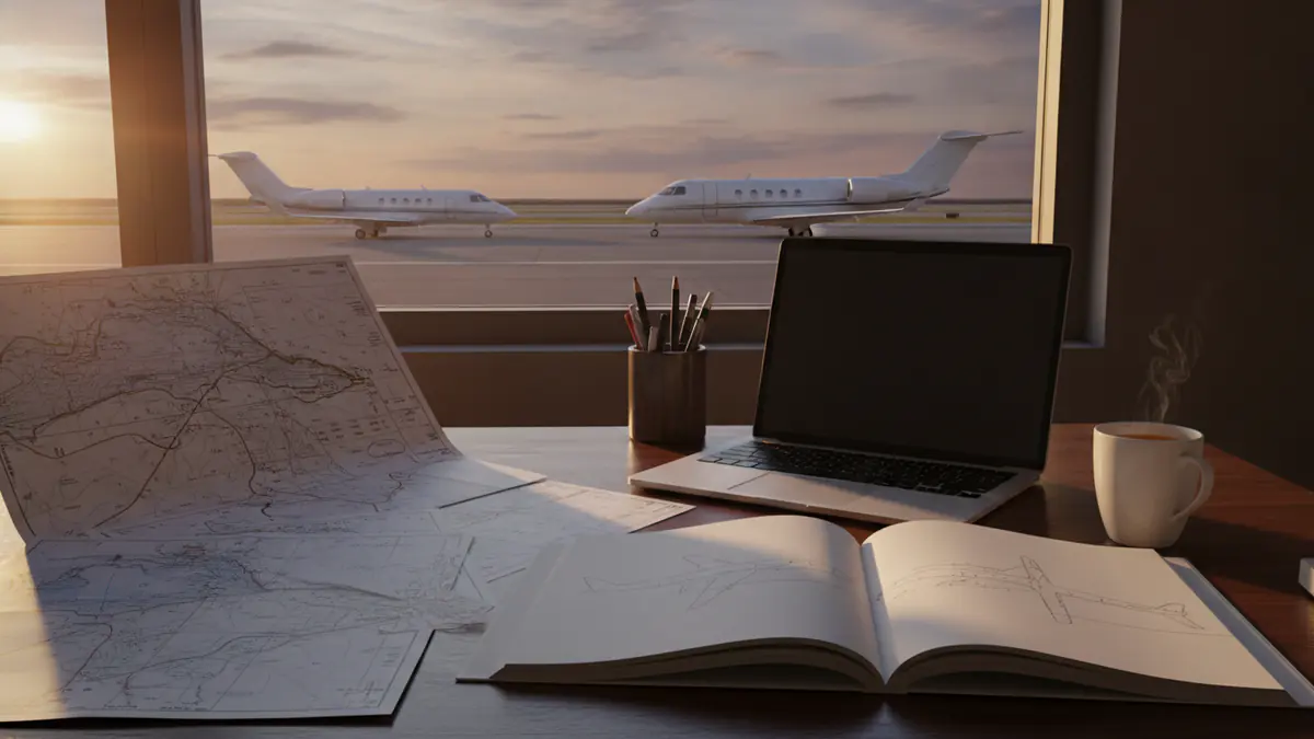 Private jet charter editor Private jet charter editor: editor's desk with airport charts and a laptop