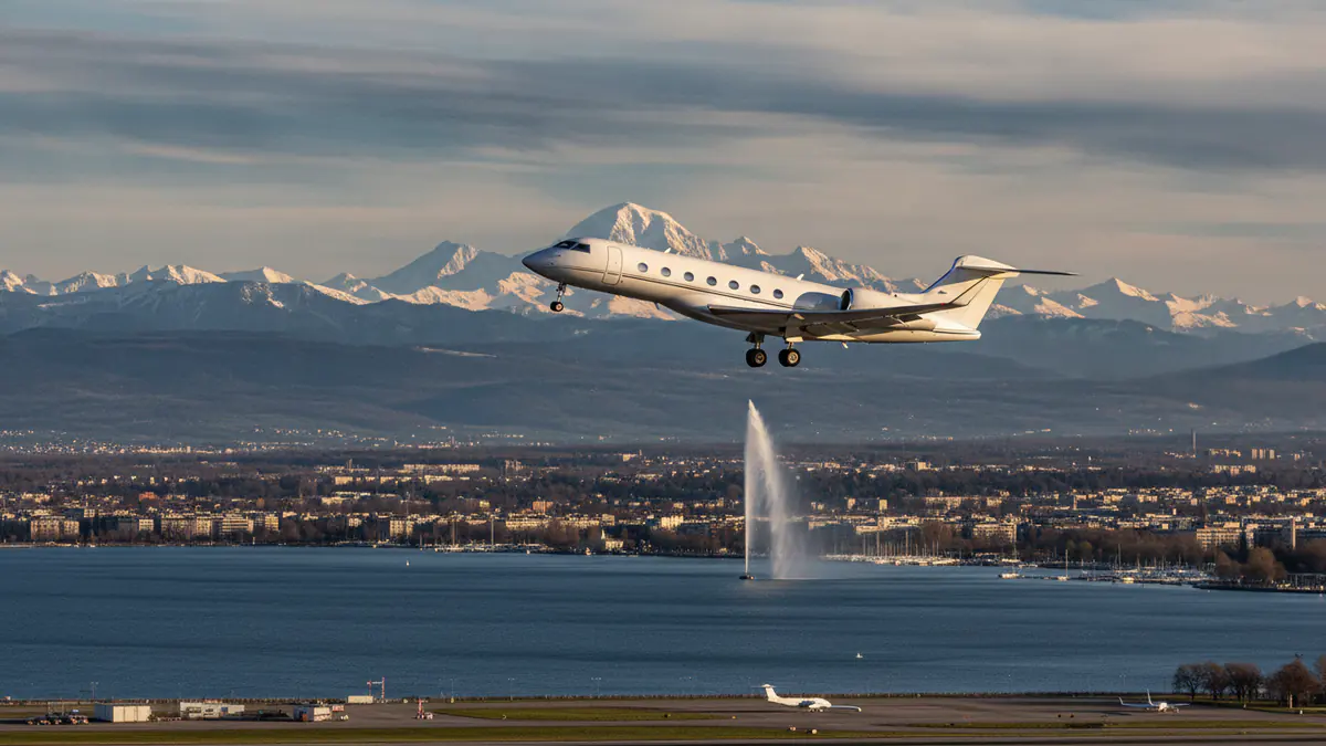 Private jet charter Geneva: business jet taking off with Geneva in the background