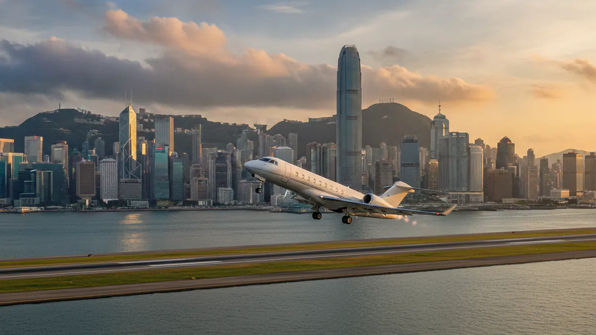 Private jet charter Hong Kong Private jet charter Hong Kong: business jet taking off with Hong Kong in the background