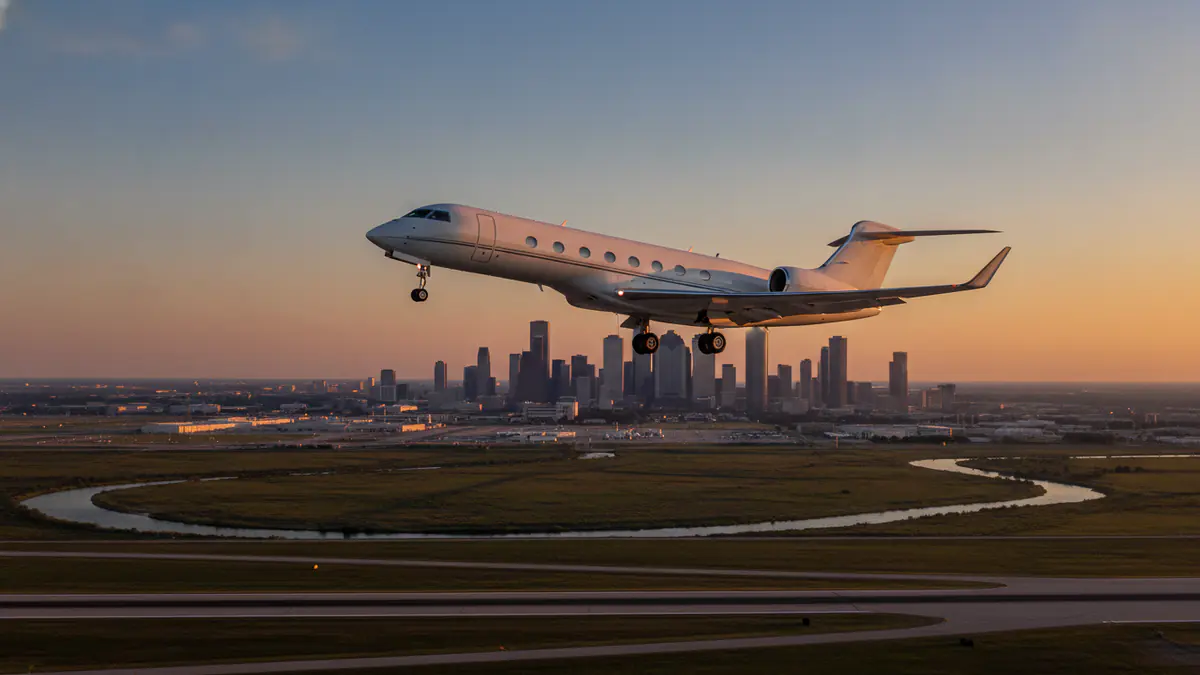 Private jet charter Houston Private jet charter Houston: business jet taking off with Houston in the background