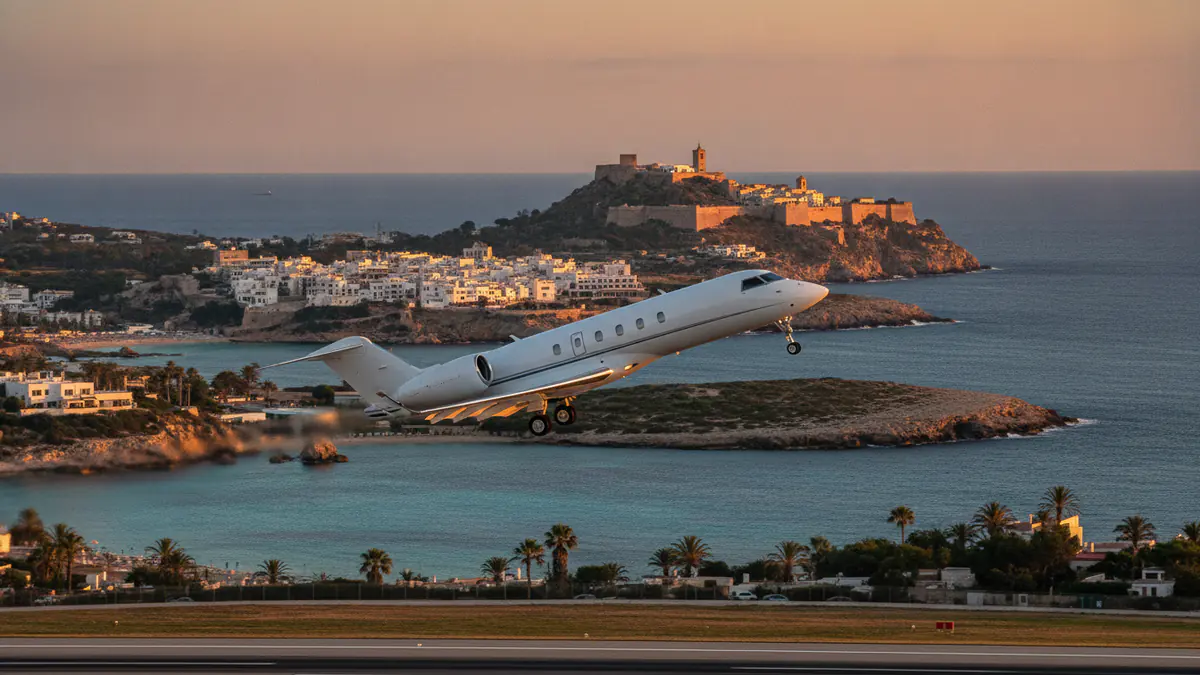 Private jet charter Ibiza: business jet taking off with Ibiza in the background