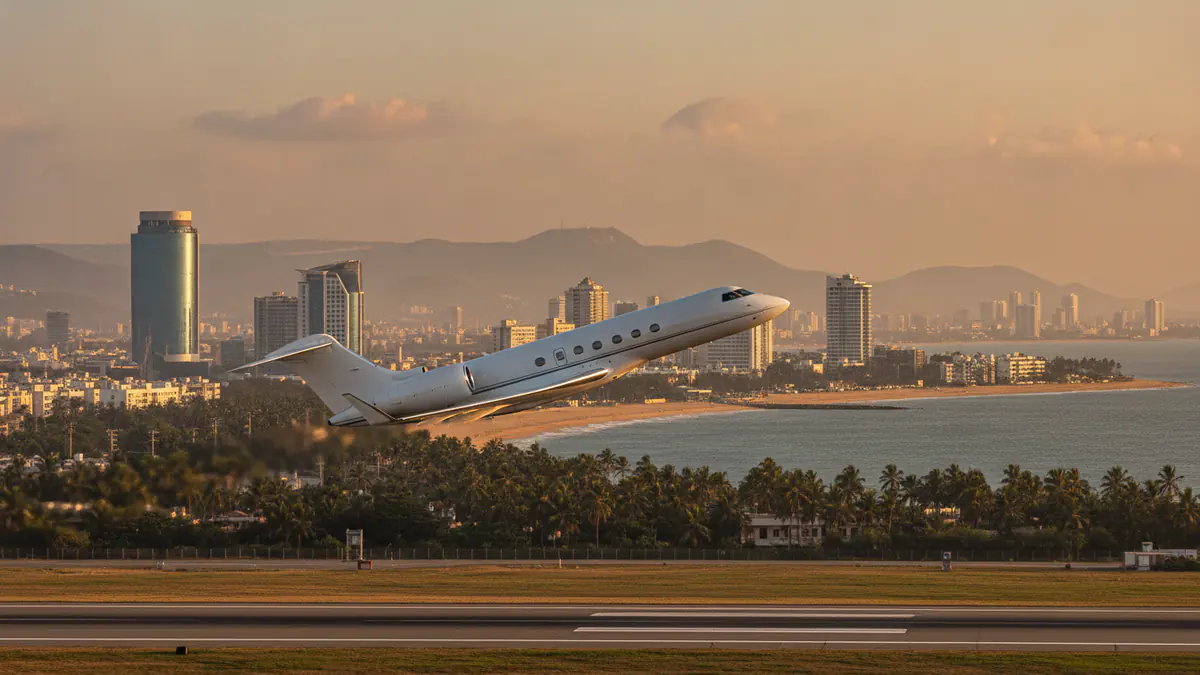Private jet charter India: business jet taking off with India in the background