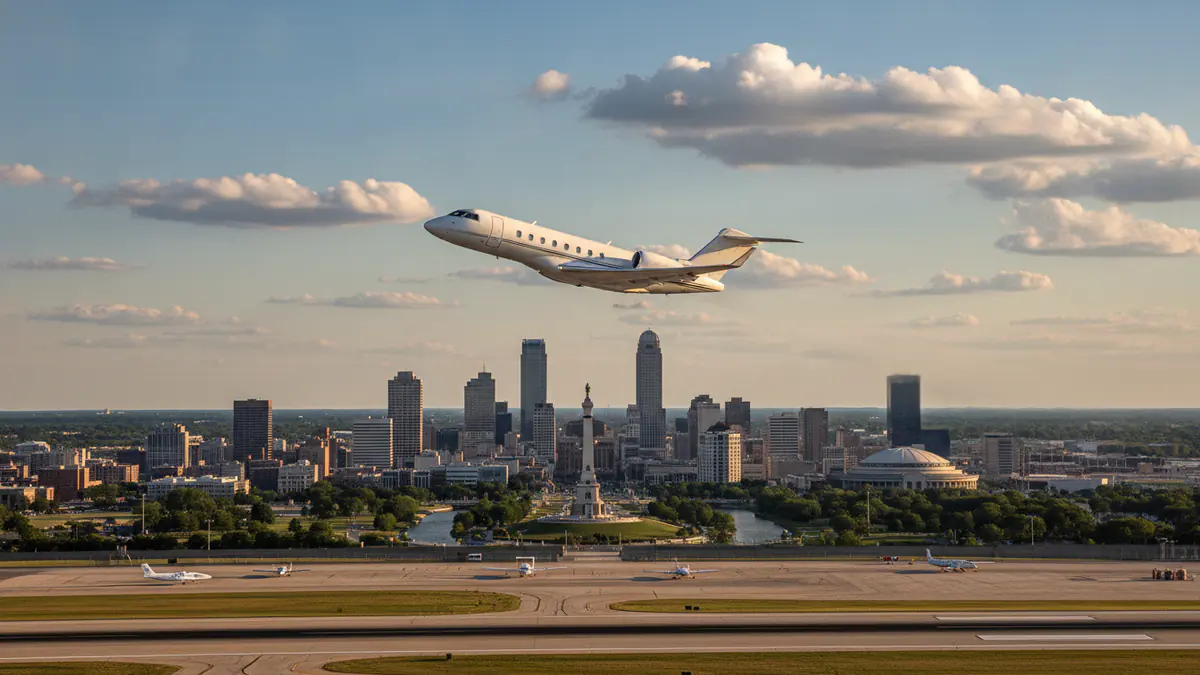 Private jet charter Indianapolis: business jet taking off with Indianapolis in the background