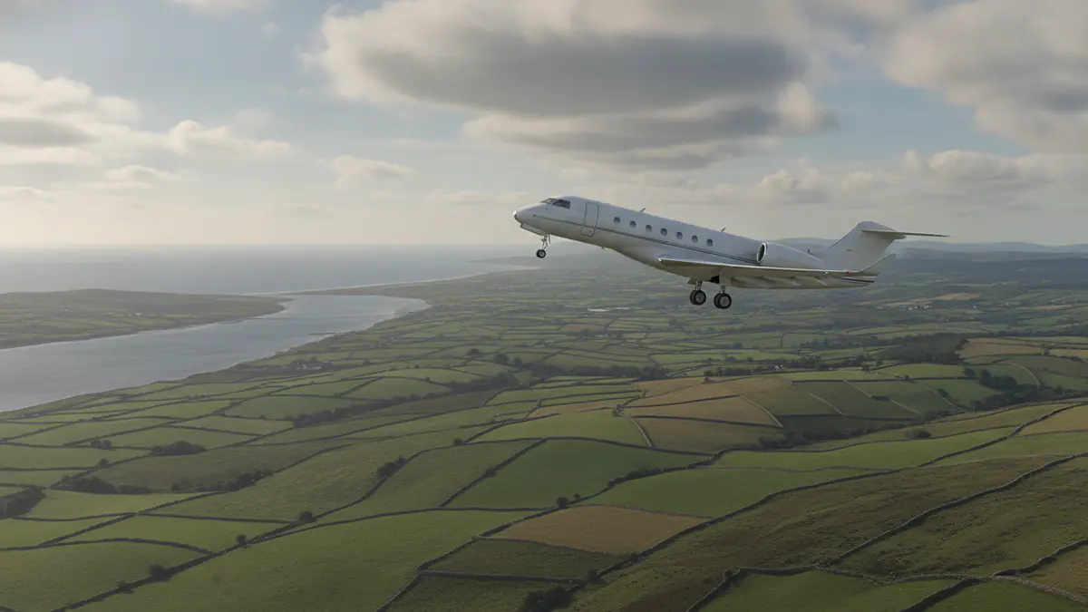 Private jet charter Ireland Private jet charter Ireland: business jet taking off with Ireland in the background