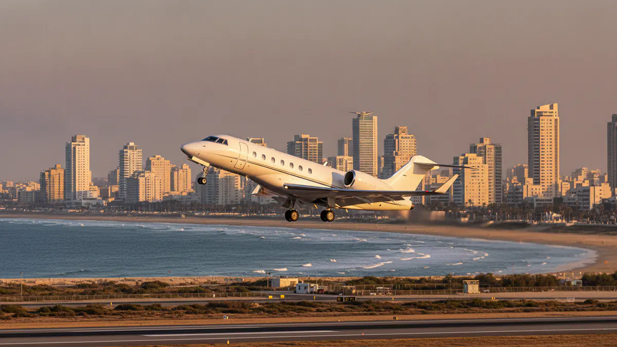 Private jet charter Israel Private jet charter Israel: business jet taking off with Israel in the background