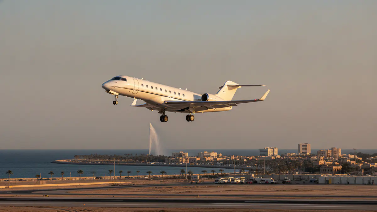 Private jet charter Jeddah: business jet taking off with Jeddah in the background