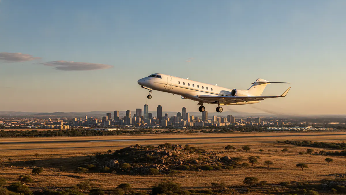Private jet charter Johannesburg: business jet taking off with Johannesburg in the background
